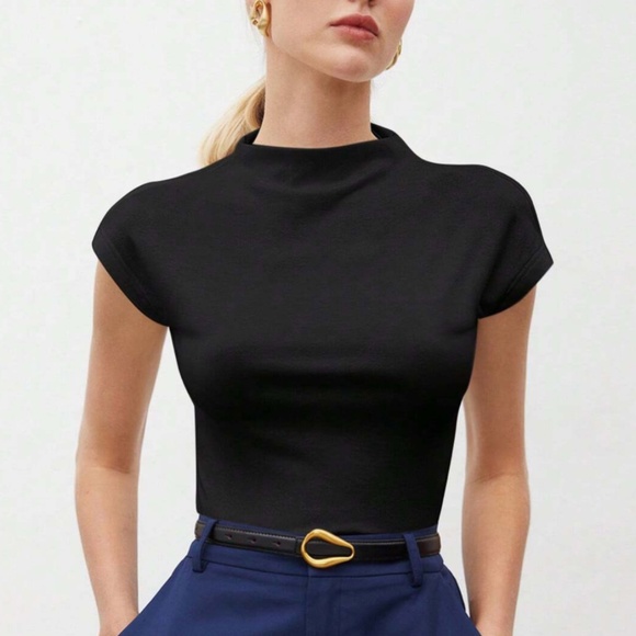 Black High Neck Cap Short Sleeve Tee Shirt - Picture 1 of 12